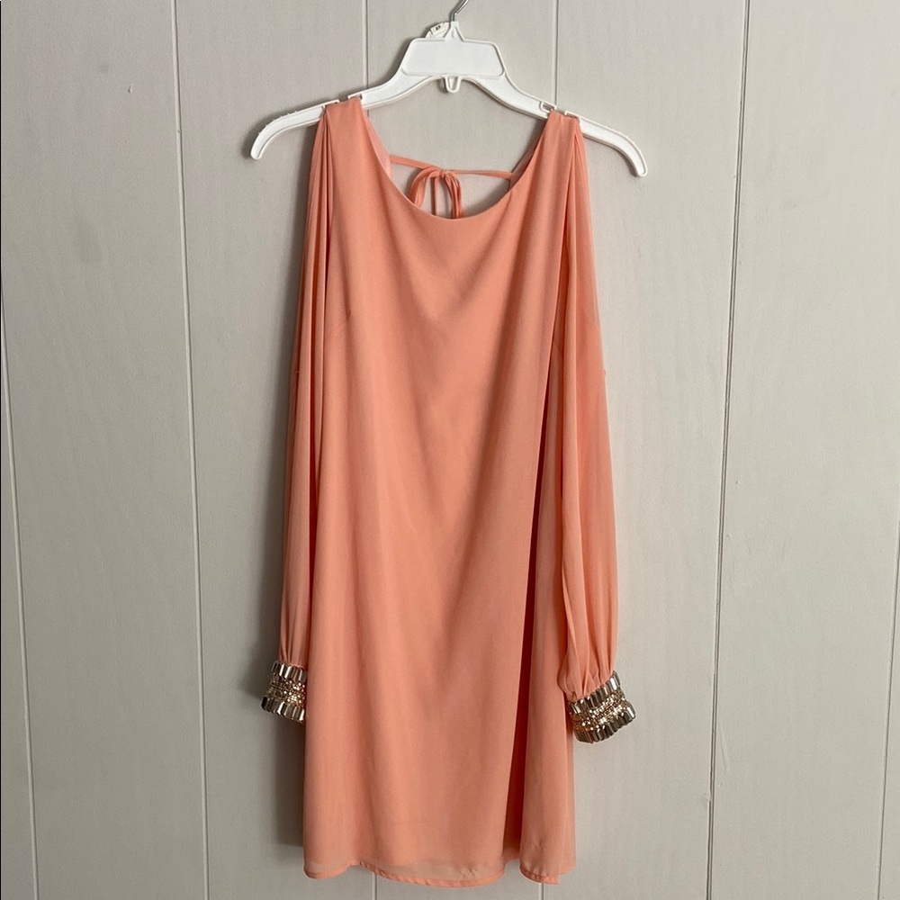 Alya Women's Cold Shoulder Peach Dress with Gold Accent Cuffs Size Small